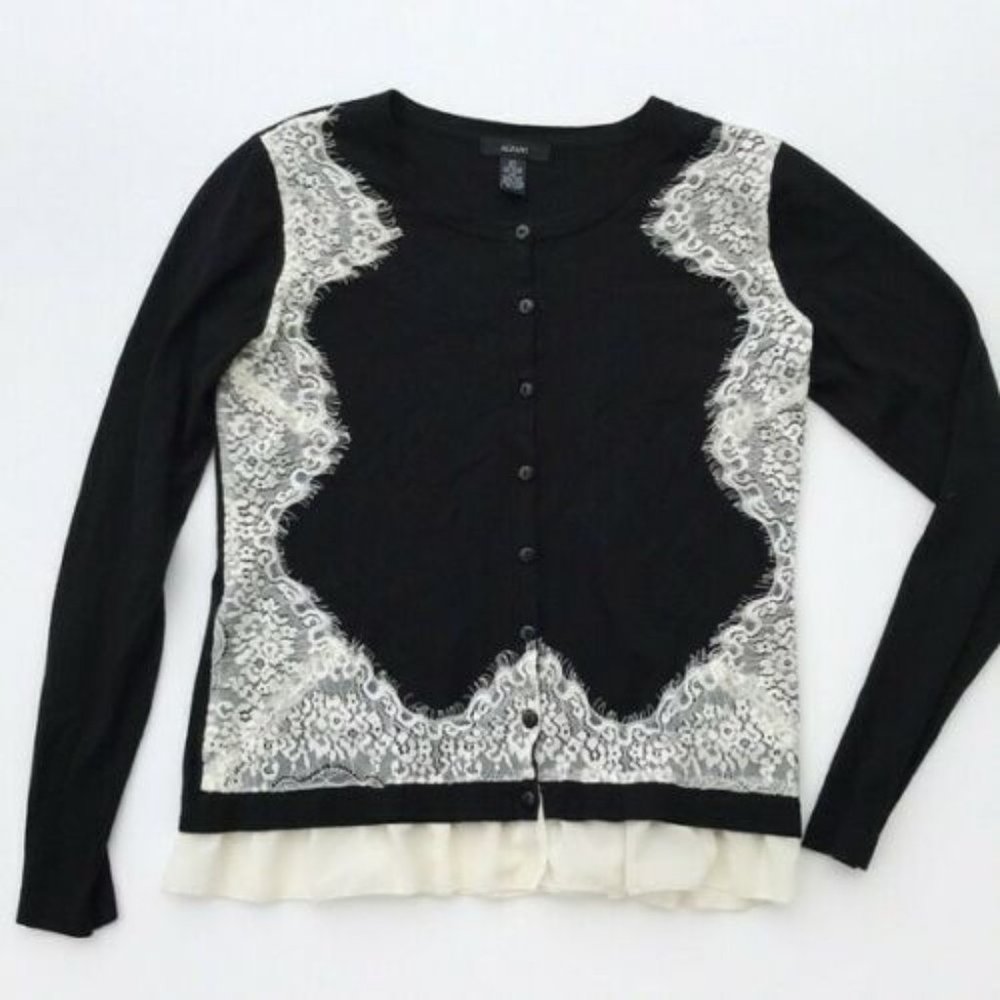 Women's Alfani ruffle white lace black cardigan sweater